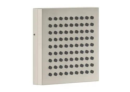 Edelstahl-Duschpaneel von AXOR mit symmetrischem Design, versehen mit vielen kleinen, runden Düsen zur Wassertropfenverteilung auf der Vorderseite.